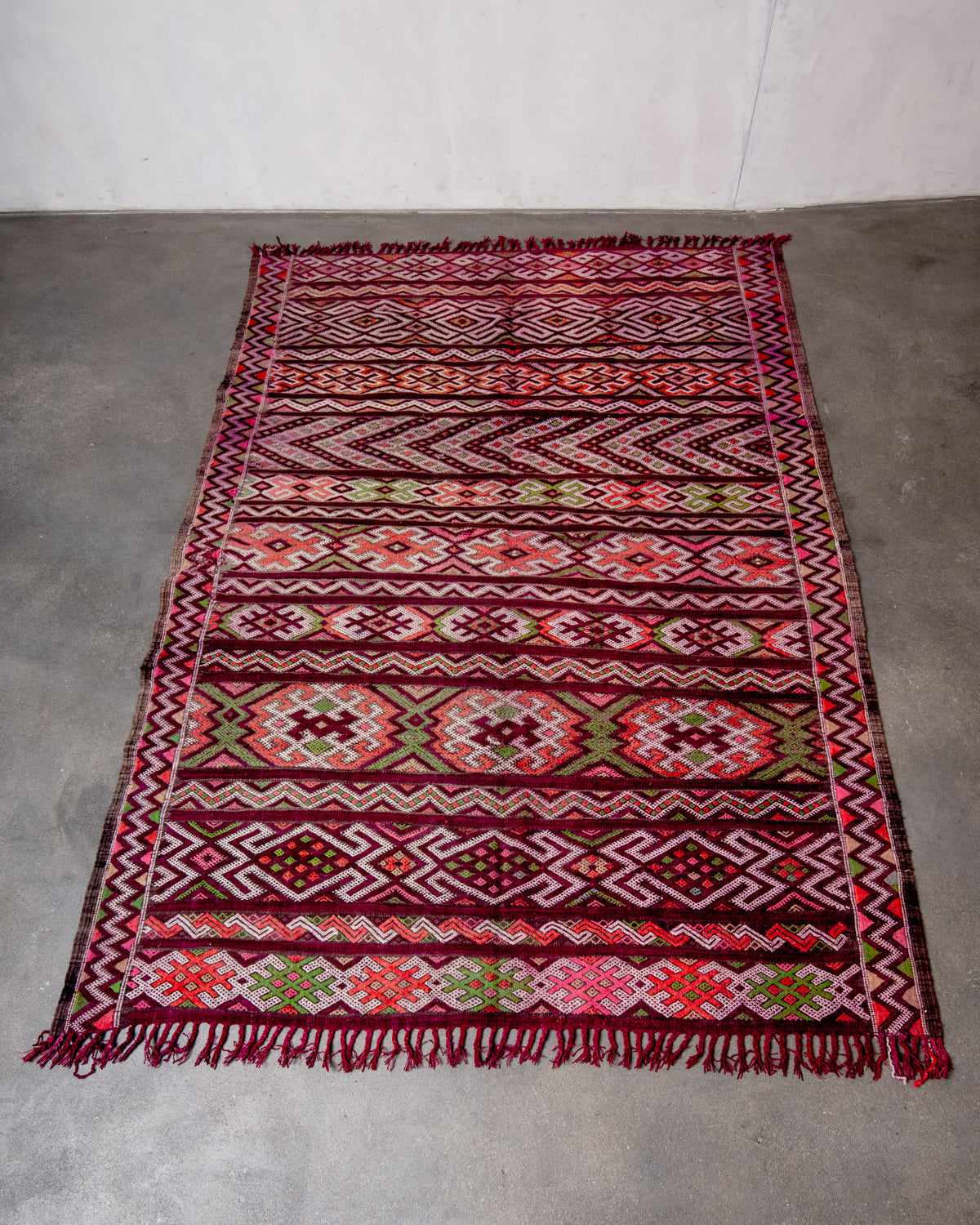 Modern, designer, handcrafted Berber rug from Morocco. Vintage Kelim carpet with beautiful designs and robust flat weave out of wool.